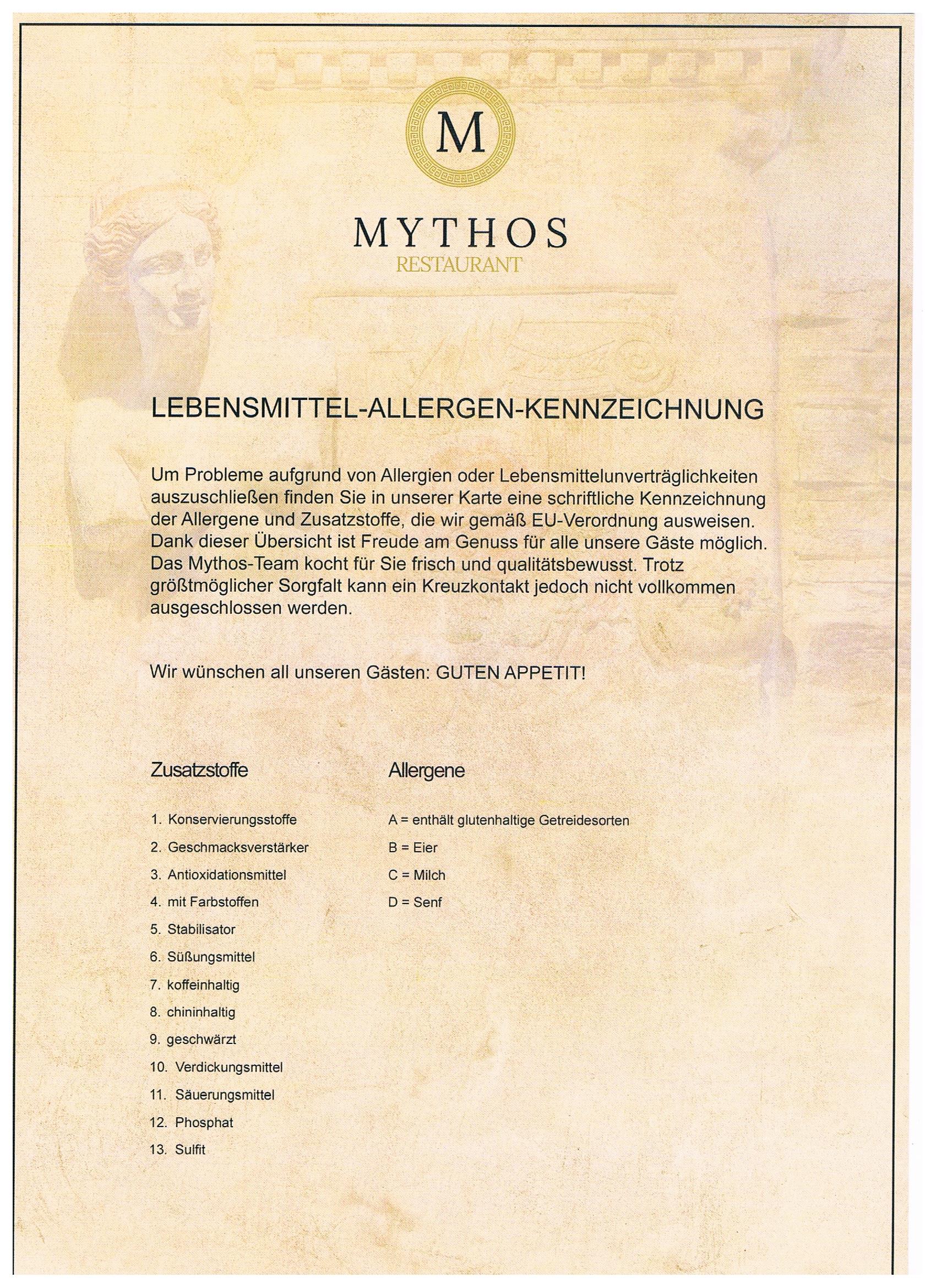 Restaurant Mythos - Speisekarte
